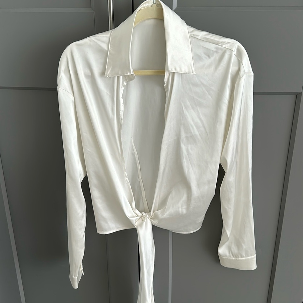 12th tribe white faux silk crop tie top